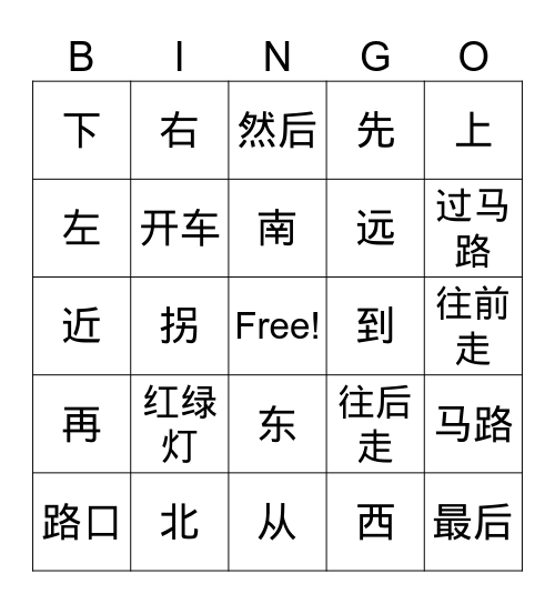 directions Bingo Card