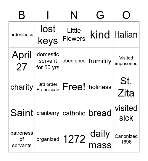 St Zita Bingo Card