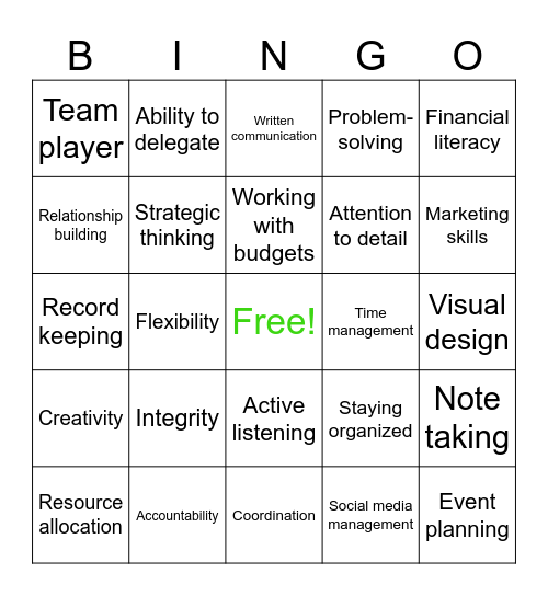 Community Association Skills Bingo Card