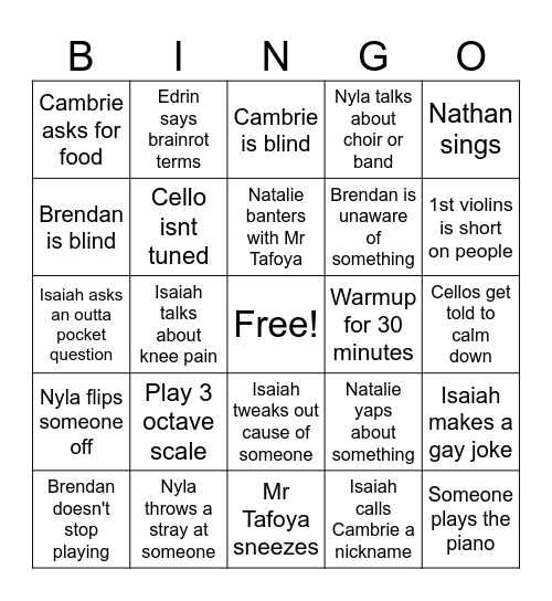 Orchestra Bingo Card