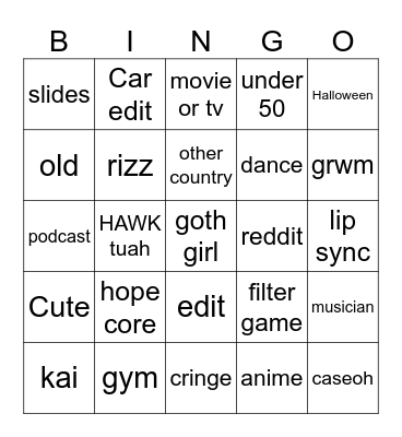 tiktok Bingo Card