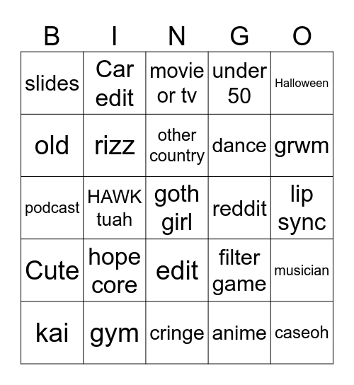 tiktok Bingo Card