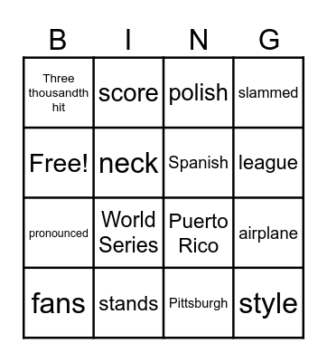 Roberto Clemente Bingo Card