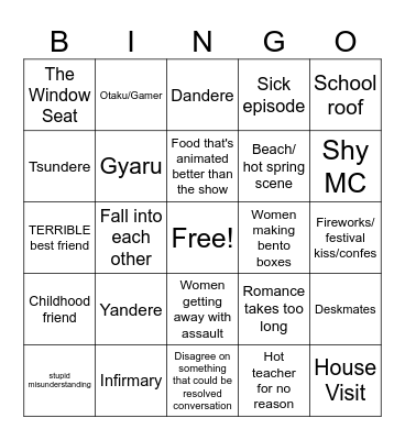 Romance Anime Bingo Card