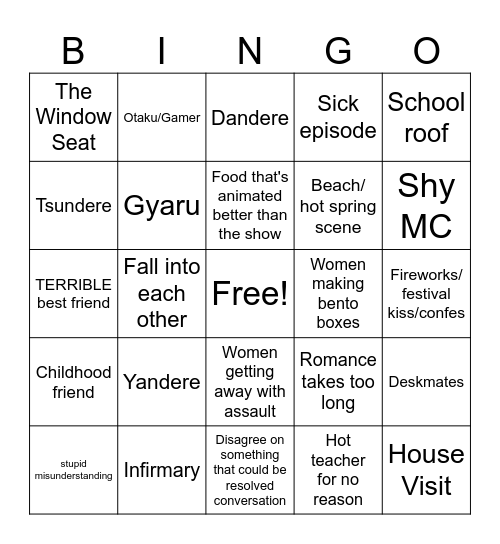 Romance Anime Bingo Card