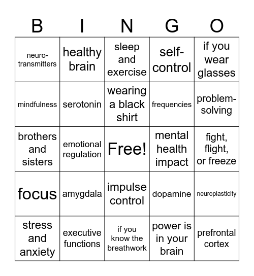 AREACH BINGO Card(Executive Functions) Bingo Card