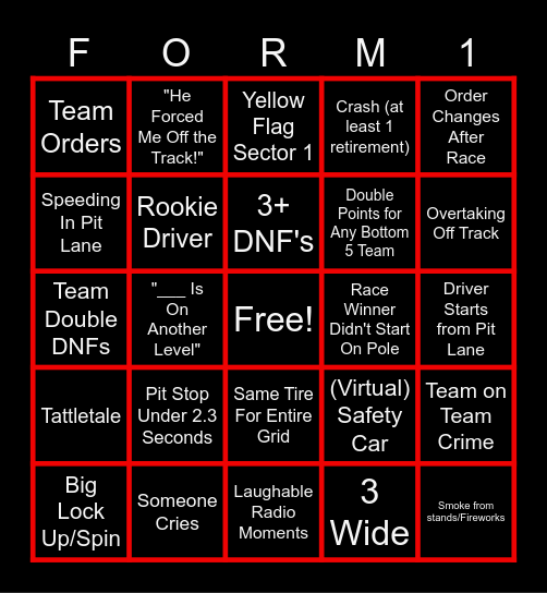 F1 V3 Bingo Card