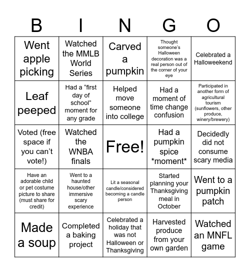 Fall Bingo Card