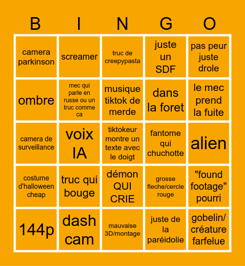 videos qui font peur Bingo Card