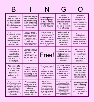 Grammatical Terms Bingo Card
