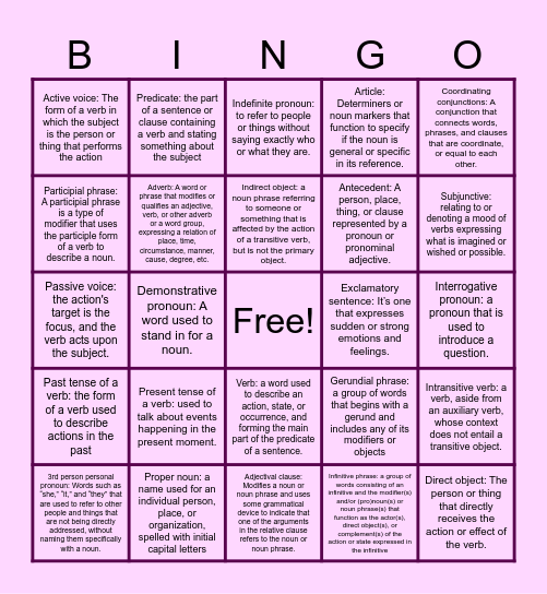 Grammatical Terms Bingo Card