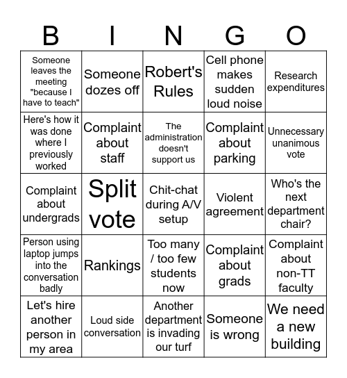 Faculty Meeting Bingo Card