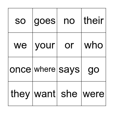 Heart Words Bingo Card