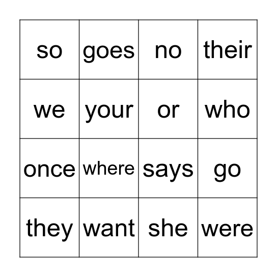 Heart Words Bingo Card