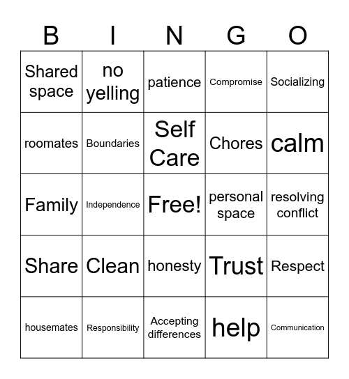 Roommate Bingo Card