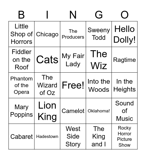 Musicals Bingo Card