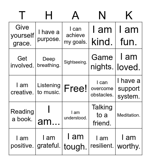 Positive Affirmations & Coping Skills Bingo Card