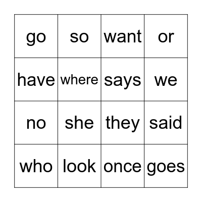Heart Words Bingo Card