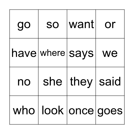 Heart Words Bingo Card