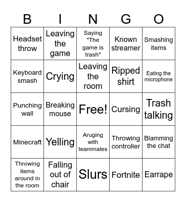 Gamer Rage Bingo Card