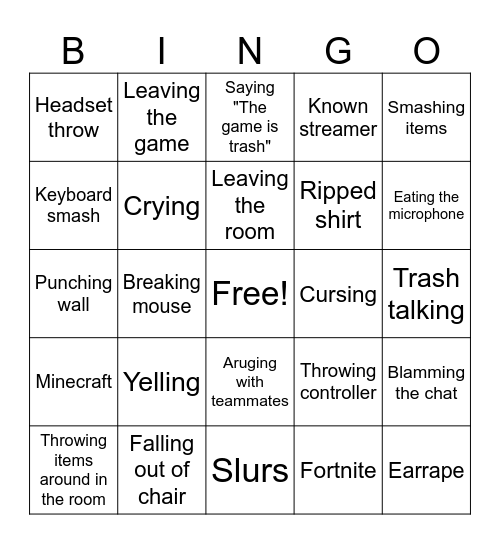 Gamer Rage Bingo Card