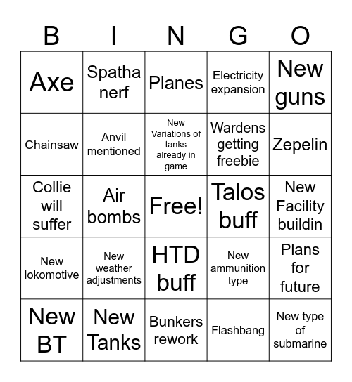 Fuuton Bingo Update Bingo Card