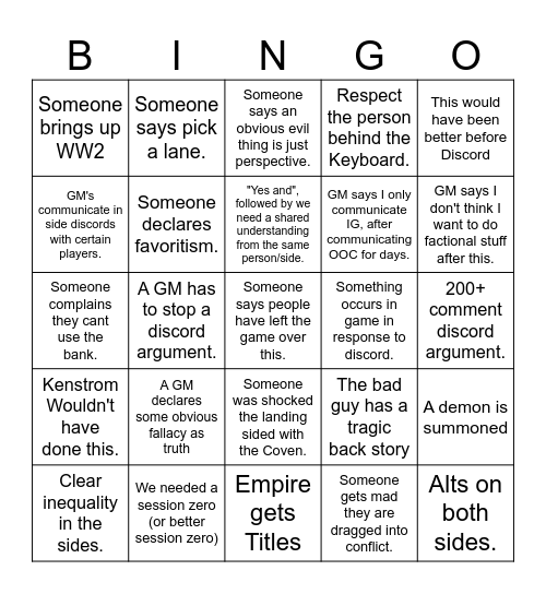 Empire vs Sablecross Bingo Card