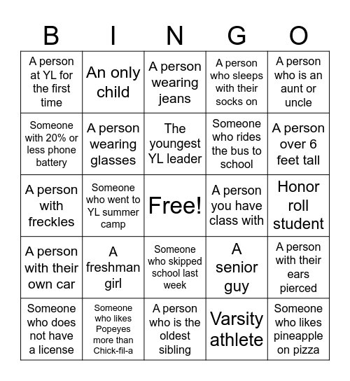 Younglife Bingo Card