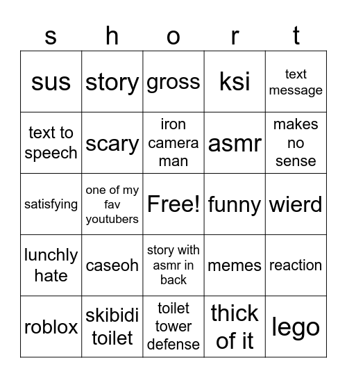 shorts bingo Card