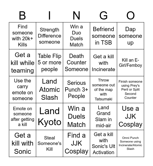 TSB Challenges Bingo Card