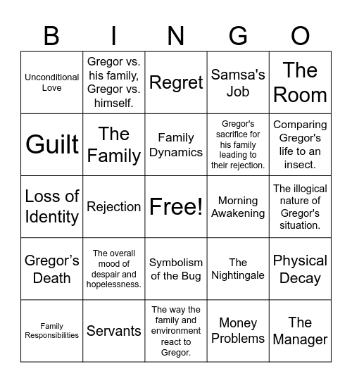 Metamorphosis Bingo Card