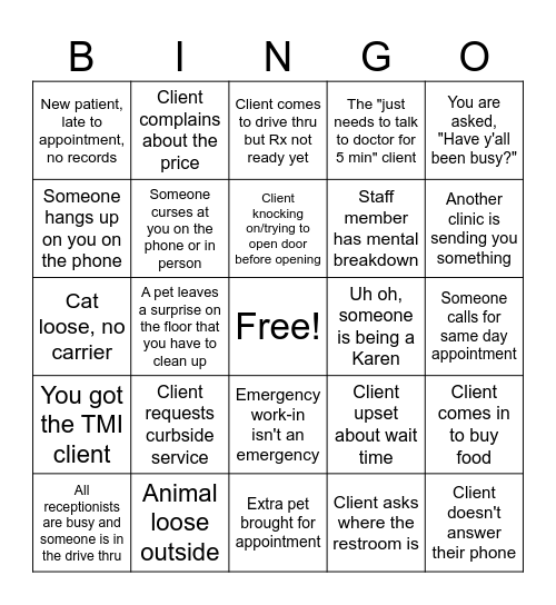 Veterinary Receptionist Bingo Card