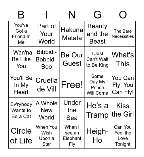 Disney Music Bingo Card