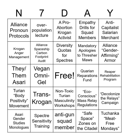 Woke Mass Effect Bingo Card