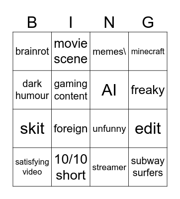 youtube shorts bingo Card