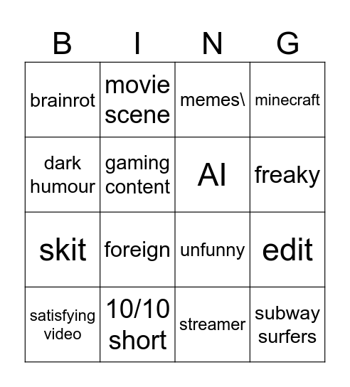 youtube shorts bingo Card