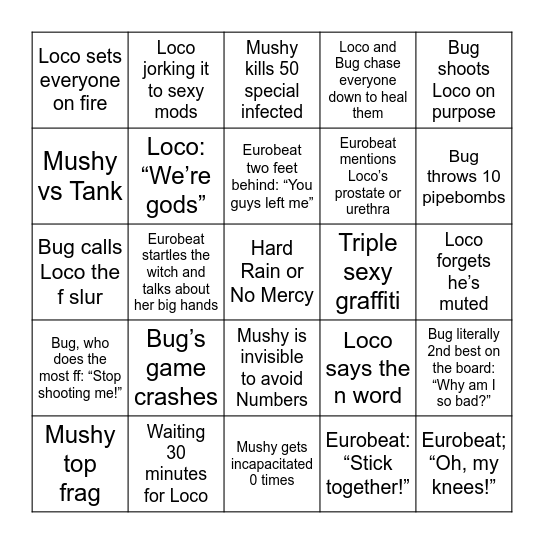 Left 4 Dead 2 with the OGs Bingo Card