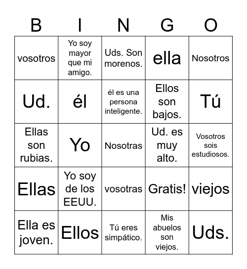 Ser y adjetivos Bingo Card