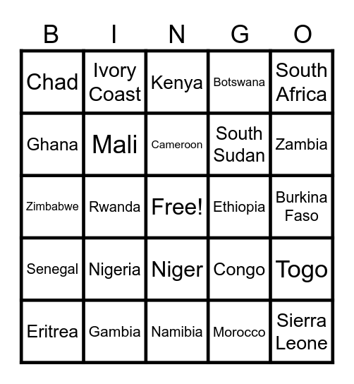 African Bingo Card