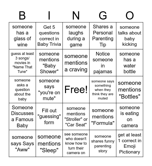 Baby Hood Bingo Card