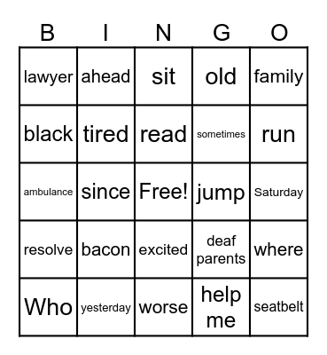 ASL Word Bingo Card
