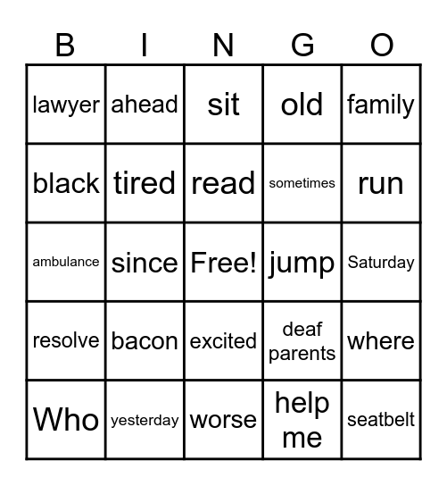ASL Word Bingo Card