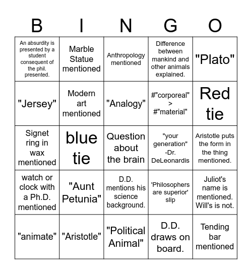 Ancient Philosophy Thursday, Nov. 7th Bingo Card