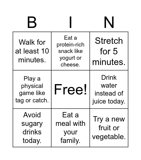 Healthy Habits Bingo Card