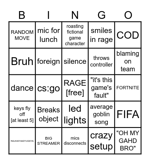 RAGE Bingo Card