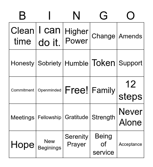 Recovery Bingo Card
