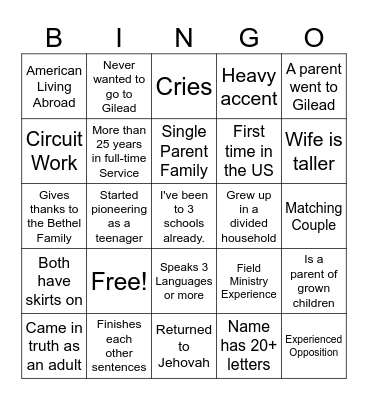 Gilead Intro BINGO Card