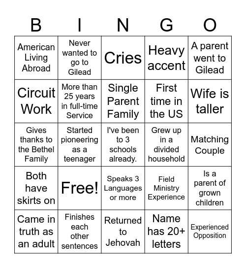 Gilead Intro BINGO Card