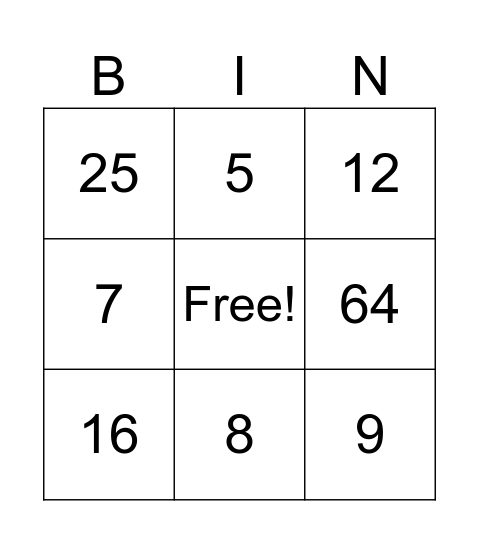 Squares and Square Roots Bingo Card