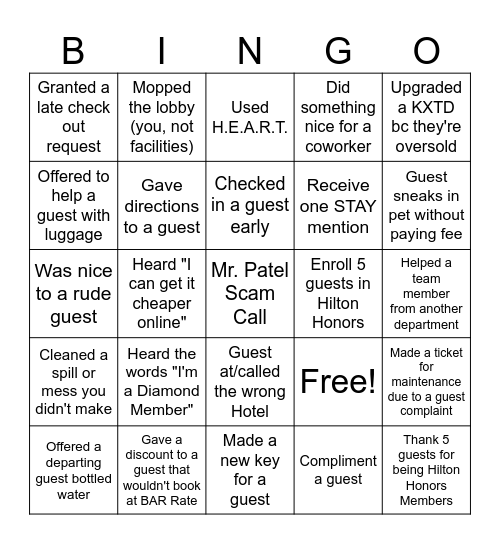 Thibodaux Front Desk BINGO! Bingo Card